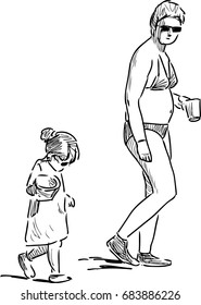 Sketch of a mother with her kid on a beach