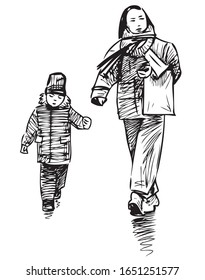 Sketch of mother with her little child walking along street