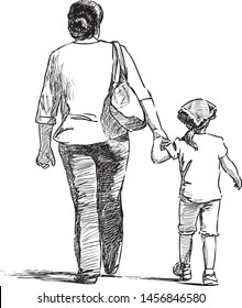 Sketch of a mother with her little daughter going on a stroll