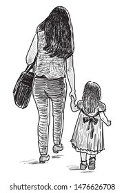 Sketch of a mother with her little daughter going for a stroll