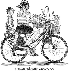 Sketch of a mother with her son riding a bike
