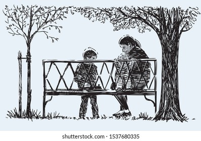 Sketch of mother with his little kids sitting on park bench while strolling
