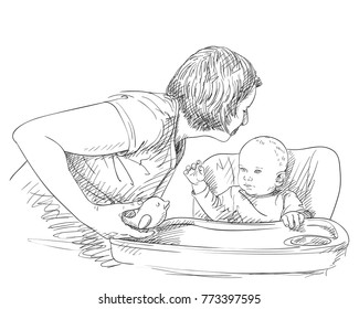 Sketch of mother holding toy in her hand and going to kiss baby in his head while he sitting in dining chair with table, Happy family moments, Hand drawn vector illustration with hatched shades