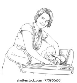 Sketch of mother smiling and fastening her baby in dining chair with table, Happy family moments, Hand drawn vector illustration with hatched shades