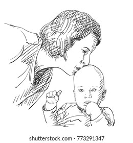 Sketch of mother tenderly with love kissing baby in his head, Happy family moments, Hand drawn vector illustration with hatched shades