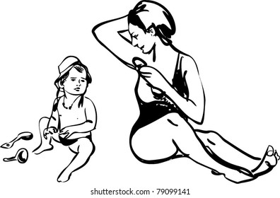 sketch of mothers with young son relaxing on the beach