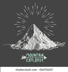 Sketch of a mountain, isolated, engraving style, hand drawn vector illustration