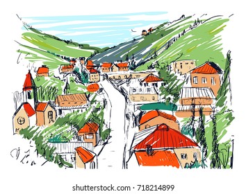 Sketch of mountain landscape with Georgian town colored hand drawn. Beautiful monochrome drawing with buildings and streets of small city located between hills. Vector illustration.