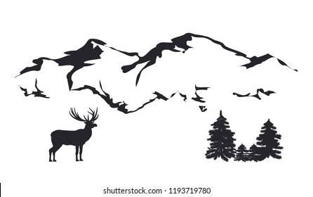 Sketch - Mountain landscape - reindeer , fir forest - isolated on white background - vector