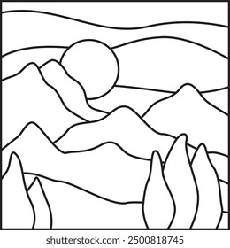 sketch of mountain views with dense forests and hot sun art drawing