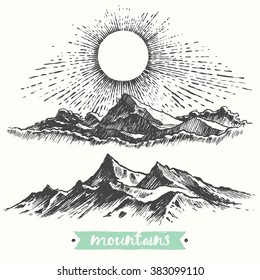 Sketch of a mountains, engraving style, hand drawn vector illustration