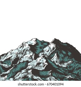 Sketch of a mountains, engraving style. Hand drawn vector illustration