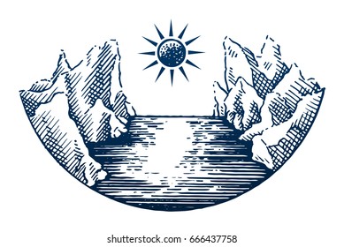 Sketch of a mountains with fir forest, harbor, sea bay and sunrise or sunset. Outdoor activity travel symbol, tourism. Hand drawn engraving illustration for poster, tattoo, t-shirt and card design.