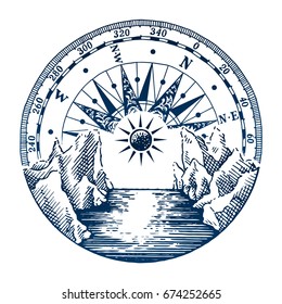 Sketch of mountains with fir forest, harbor, sea bay and sunrise or sunset. Antique compass. Outdoor activity travel symbol, tourism. Hand drawn engraving illustration for poster, tattoo, card design.