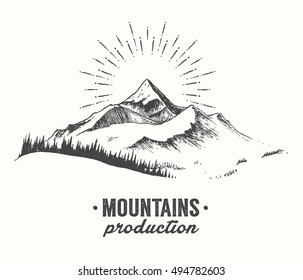 Sketch Of A Mountains With Fir Forest, Sunrise/sunset, Engraving Style, Hand Drawn Vector Illustration