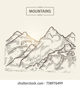 Sketch of mountains landscape. Vector highlands silhouette with hight rocks. Beautiful panorama is good for a banner, poster, flyer or postcard design.