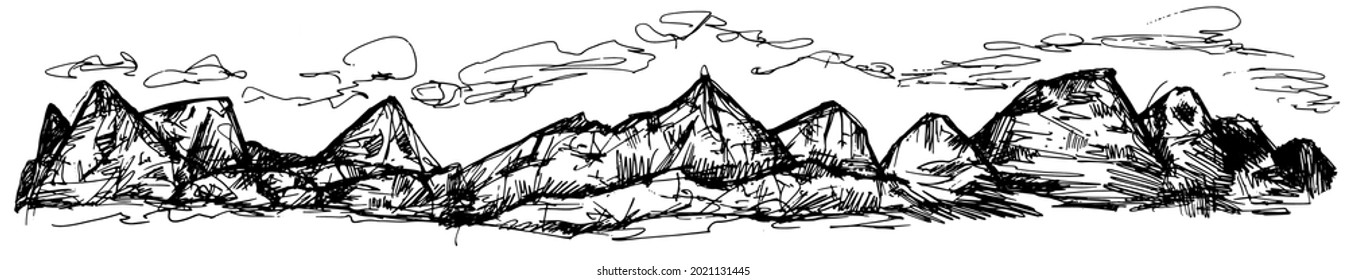 Sketch mountains on a white background. Hand-drawn tourist view with hills and irregularities. Vector mountain peaks with clouds. A quick line sketch for printing, banners, website design.