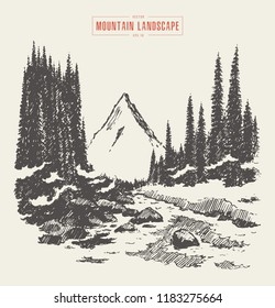 Sketch of mountains with pine forest and river, engraving style, hand drawn vector illustration