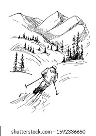 Sketch of mountains and skier. Hand drawn illustration converted to vector