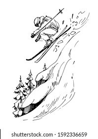 Sketch of mountains and skier. Hand drawn illustration converted to vector