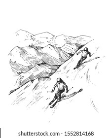 Sketch of mountains and skiers. Hand drawn illustration converted to vector