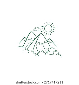 Un bosquejo de montañas, sol y nubes en verde sobre fondo blanco