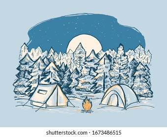 Sketch of a mountains, tents, bonfire and forest under night sky with moon. Romantic winter drawing for print, cover, poster, web design, banner