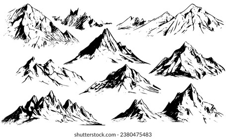 Sketch mountains vintage set. Hand drawn rocky peaks. Rocky range landscape shape. Hiking mountains peaks, hills and cliffs. Isolated contour vector set. Monochrome