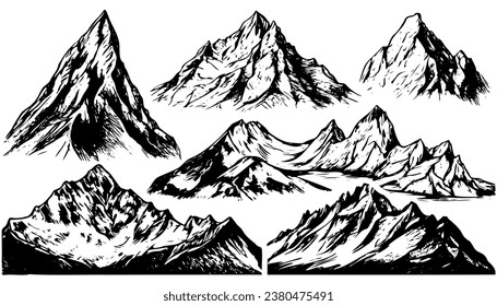 Sketch mountains vintage set. Hand drawn rocky peaks. Rocky range landscape shape. Hiking mountains peaks, hills and cliffs. Isolated contour vector set. Monochrome