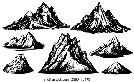 Sketch mountains vintage set. Hand drawn rocky peaks. Rocky range landscape shape. Hiking mountains peaks, hills and cliffs. Isolated contour vector set. Monochrome