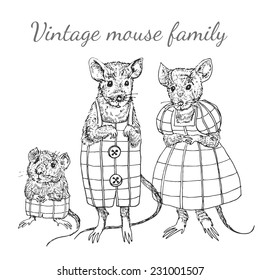 Sketch mouse family set. Animals in clothes isolated on white. Vintage hand drawn illustration in vector. 