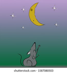 Sketch mouse stretches paws to the moon in the form of cheese