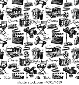 Sketch movie film cinema seamless pattern. Hand drawn vintage illustration