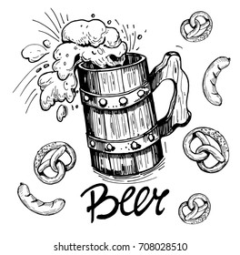 Sketch a mug of beer with snacks: sausages, pretzels. Hand drawn illustration converted to vector
