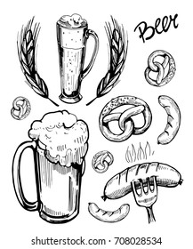 Sketch a mug of beer with snacks: sausages, pretzels. Hand drawn illustration converted to vector