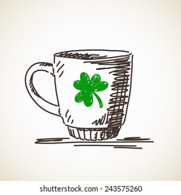 Sketch of mug with clover leaf Vector illustration