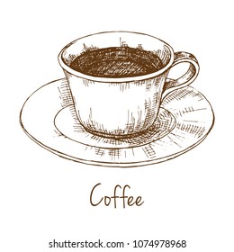Sketch mug of coffee on a saucer. The inscription is coffee. Vector illustration of a sketch style.