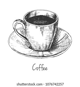 Sketch mug of coffee on a saucer. The inscription is coffee. Vector illustration of a sketch style.