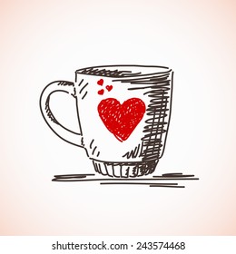 Sketch of mug with red heart print Vector illustration