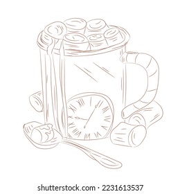 Sketch of mug with tasty hot chocolate and marshmallows on white