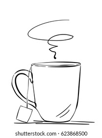 Sketch Of Mug With Tea Bag Label, Hand Drawn Vector Illustration, Line Art