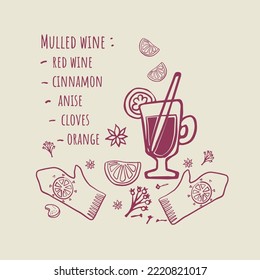 Sketch Mulled Wine Recipe. For food background and recipe card.