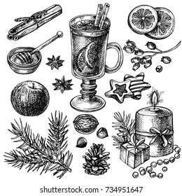 Sketch Mulled wine and spices set. Hand drawn Merry Christmas and Happy New Year holiday illustration.hot tea