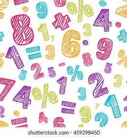 Sketch multicolor numbers seamless pattern. Abstract colorful vector background. Back to school, education, mathematics and arithmetic concept. Design for fashion print, wrapping, web backgrounds.