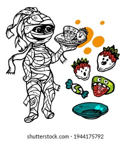 Sketch mummy for Halloween vector with food. Black and white clip art with colored spots on a white background. Apple with strawberries and candy on a plate