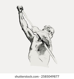 Sketch of a muscular male figure pulling a rope. Dynamic pose of a man with strong arms. Artistic drawing of a man in motion, showcasing strength and effort. Vintage art illustration, vector.