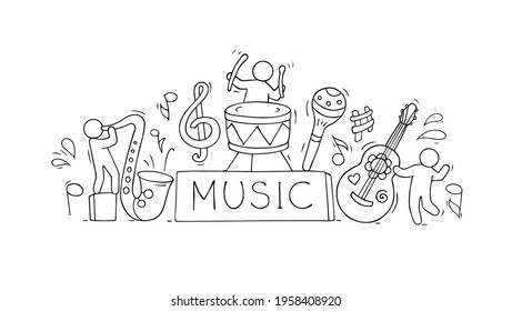 Sketch of music class with happy little people. Doodle cute miniature of teamwork and musical instruments. Hand drawn cartoon vector illustration for school subject design.