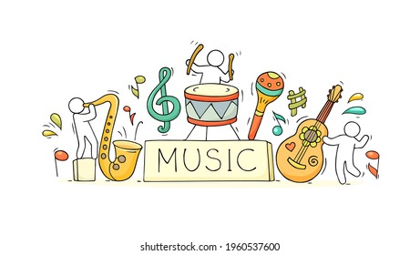 Sketch for music class with happy little people. Cute teamwork doodle miniature people and musical instruments. Hand drawn cartoon vector illustration for school subject design.