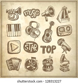 sketch music icon element collection on grunge background