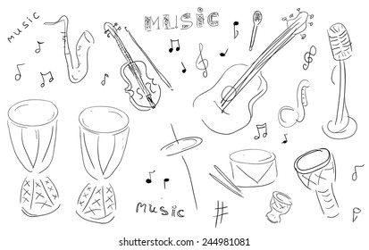 Sketch Music Instruments set - hand drawn in vector 